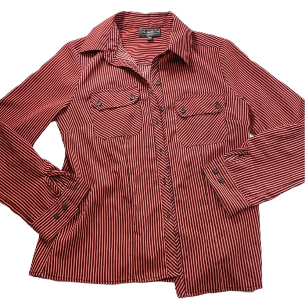 Elementz | Stripped Button Down Shirt Petite Black and Red Deep Burnt Orange - Picture 1 of 9
